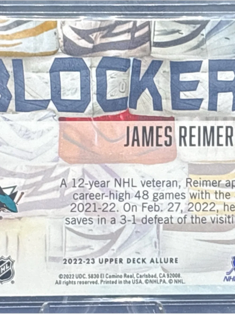 Upper Deck James Reimer San Jose Sharks Hockey Trading Card - Blockers